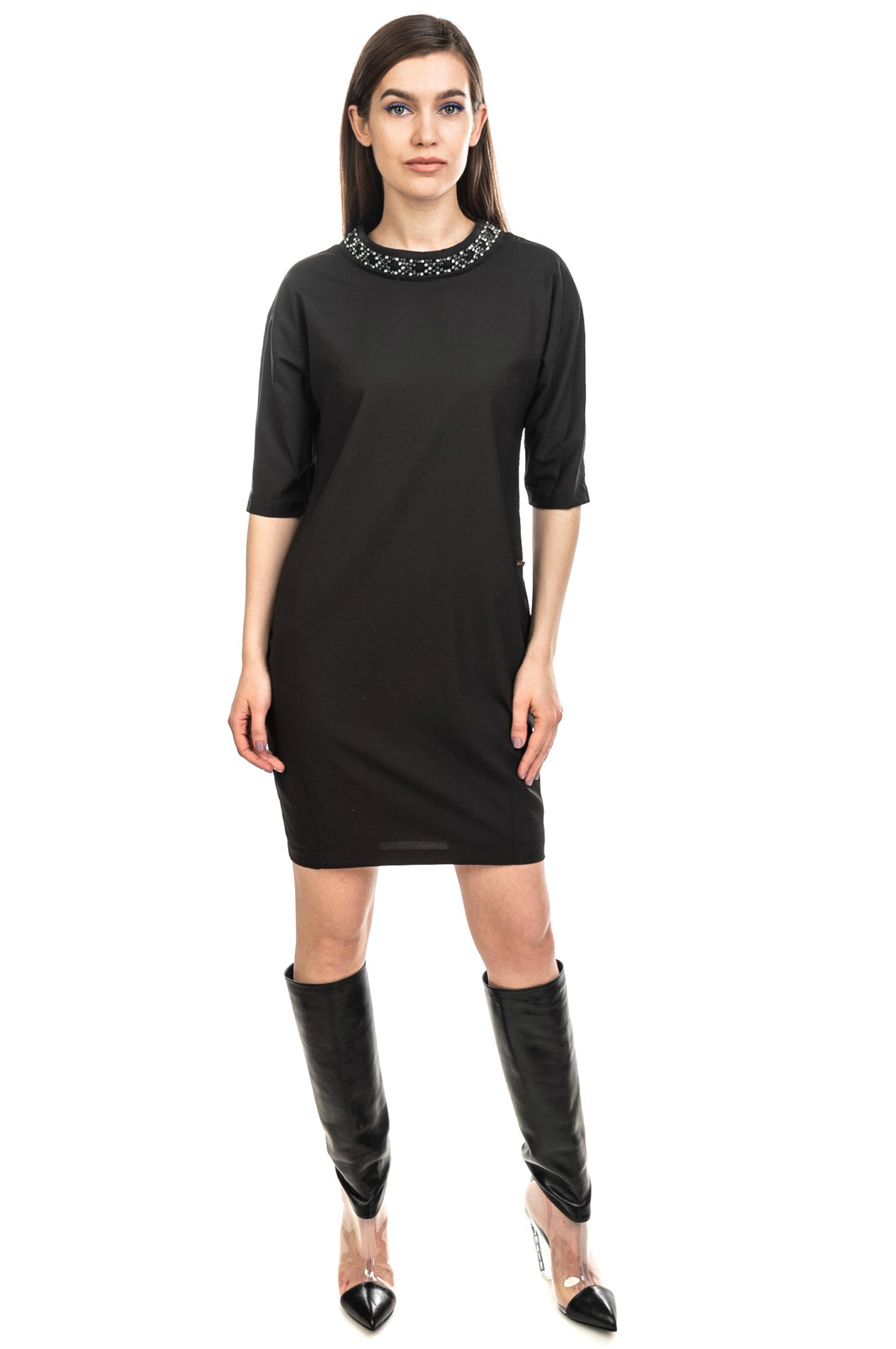 NENETTE Crepe Shift Dress Size 40 / S Embellished Neckline V Back Elbow Sleeve gallery main photo