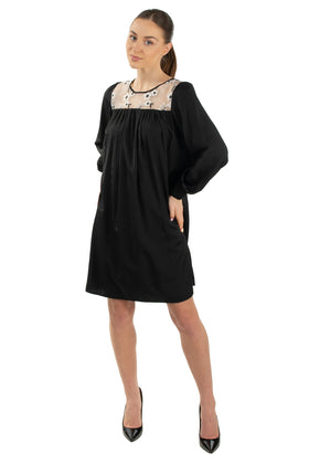 TRAFFIC PEOPLE Satin Smock Dress Size S Embroidered Floral Organza Insert gallery photo number 1