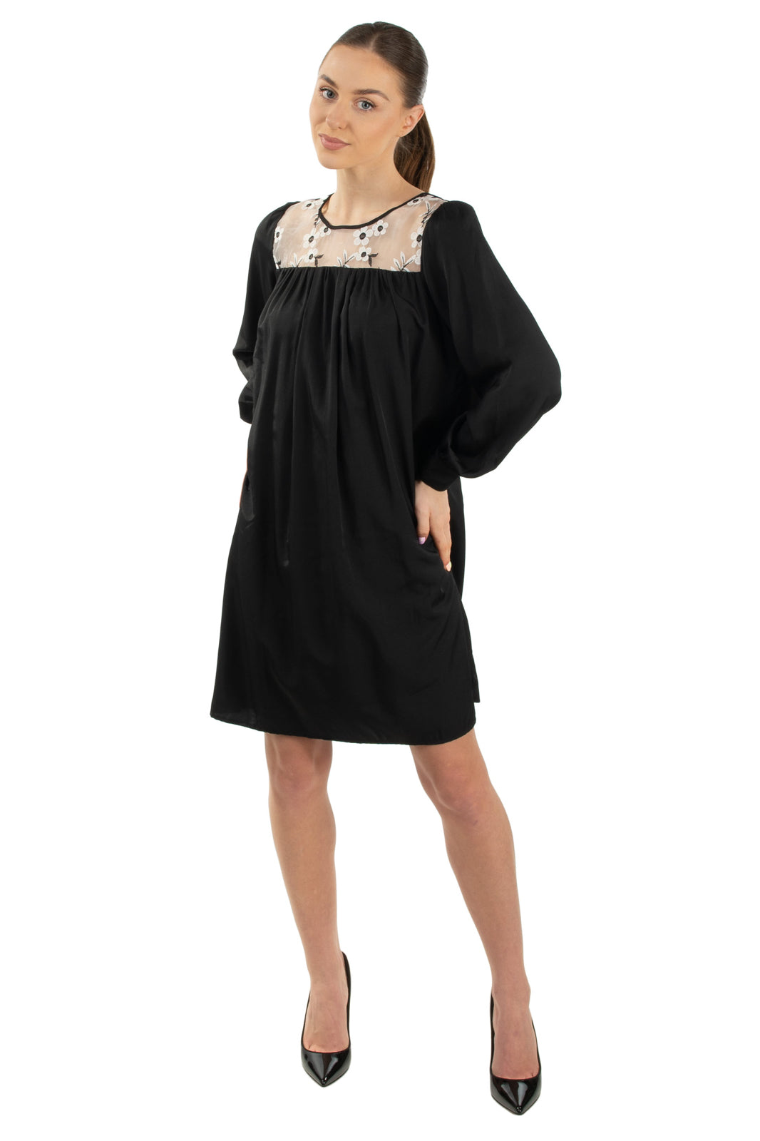 TRAFFIC PEOPLE Satin Smock Dress Size S Embroidered Floral Organza Insert gallery main photo
