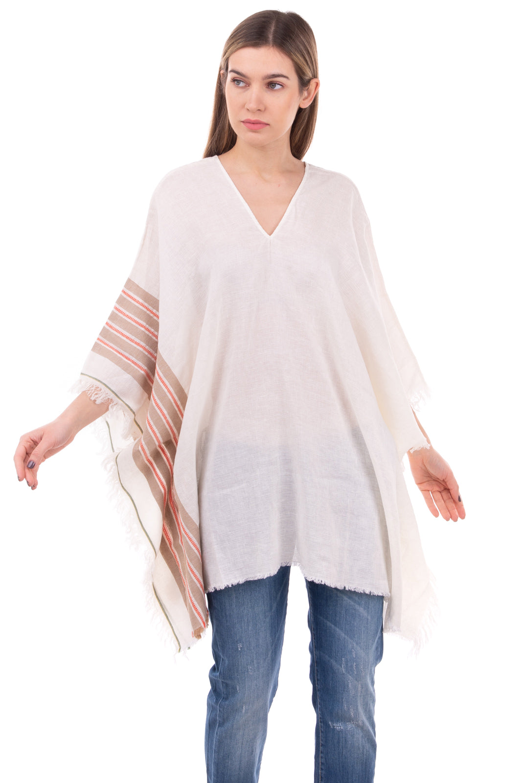 GEORGE J. LOVE Poncho One Size Linen Blend Frayed Edges Made in Italy gallery main photo