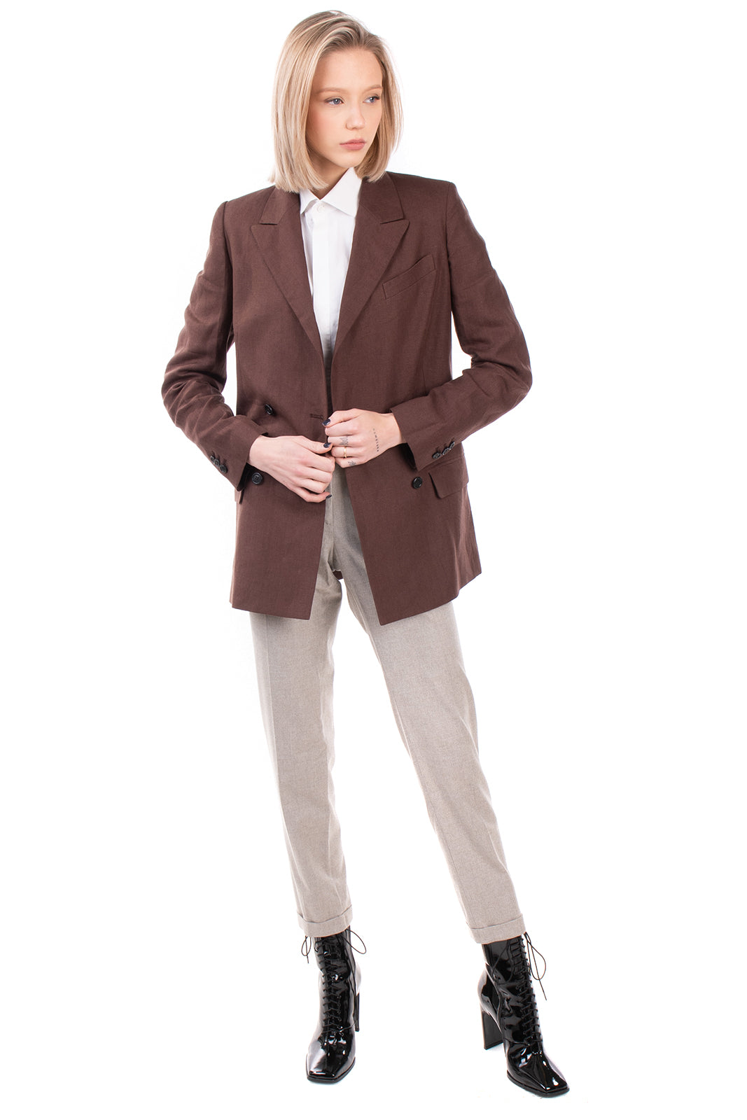 RRP €150 8 Linen Blazer Jacket Size 44 Brown Double Breasted Made in Italy gallery main photo