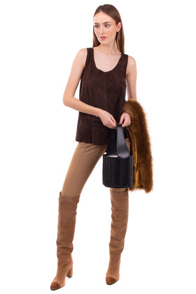 RRP €145 GEORGE J. LOVE Suede Leather Top Size XS Brown Scoop Neck Made in Italy gallery photo number 1