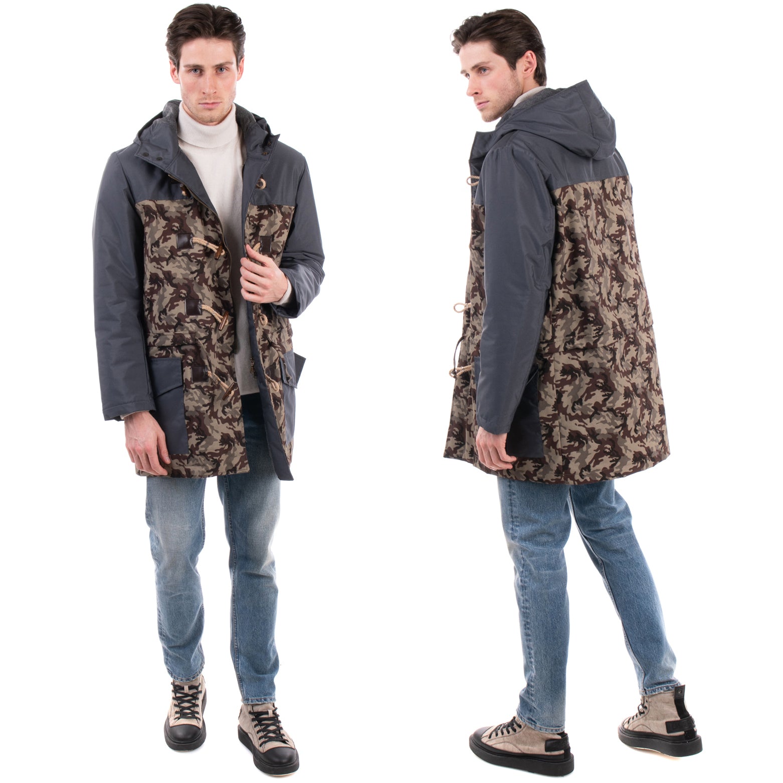 RRP €250 CAMOU By 8 Duffle Coat Size S Wool Blend Lined Camouflage Made in Italy gallery main photo