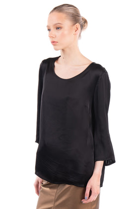 DIANA GALLESI Satin Top Blouse Size IT 44 / M Black 3/4 Sleeve Round Neck gallery photo number 3