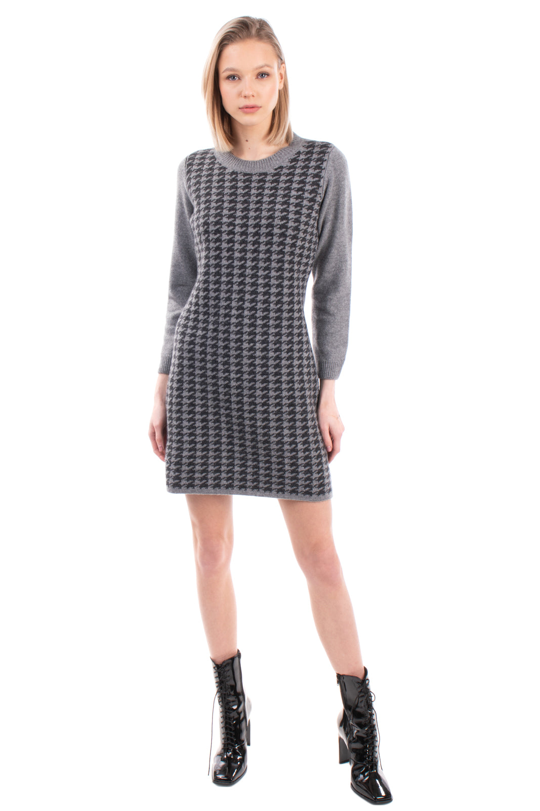 8 Jumper Dress Size M Wool Blend Houndstooth Melange Ribbed Cuffs Made in Italy gallery main photo