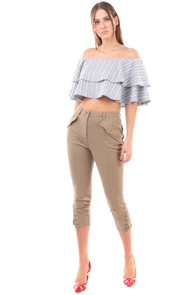 RRP €105 WEILI ZHENG Cropped Top Size S Tiered Two Tone Striped Off The Shoulder gallery photo number 1