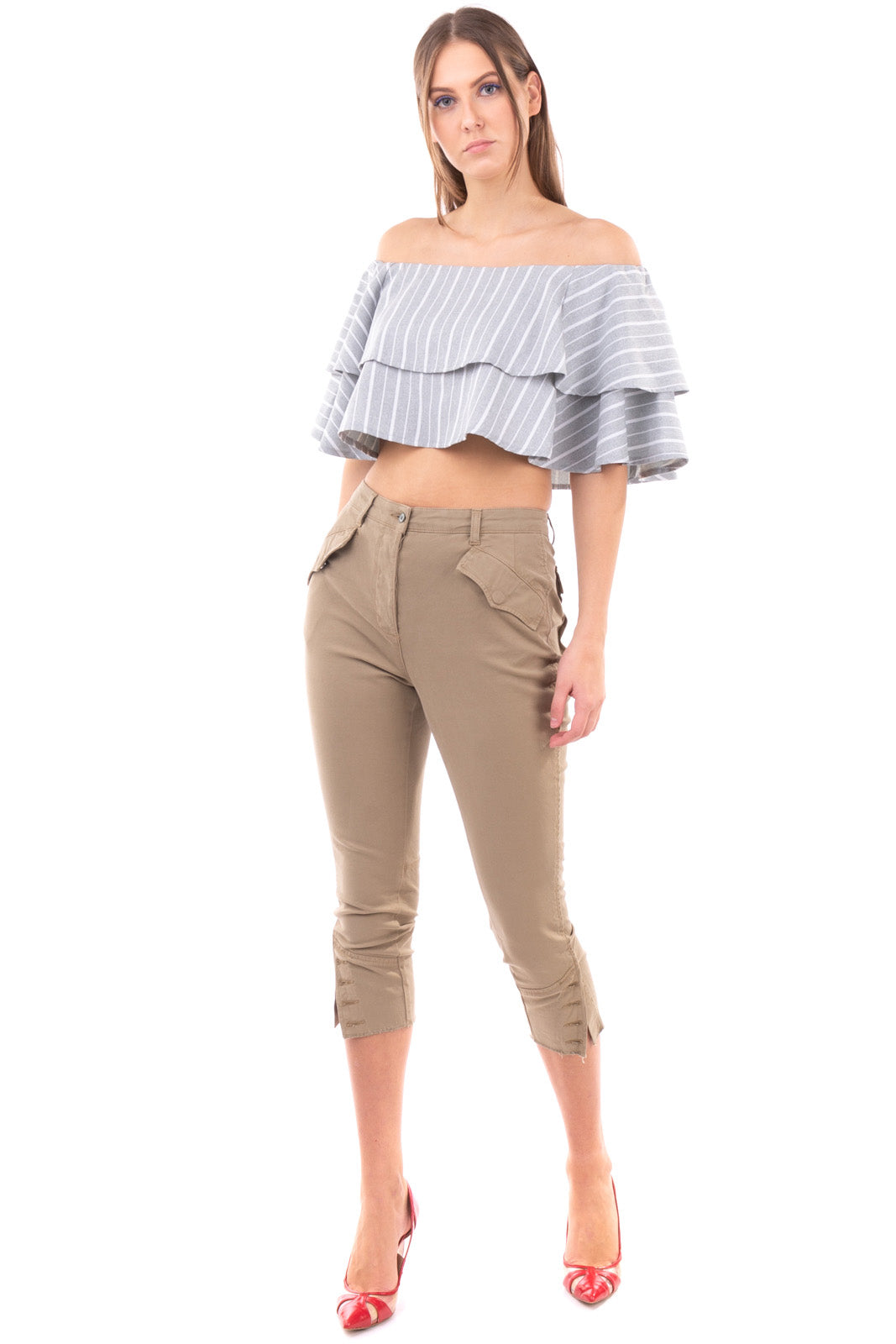 RRP €105 WEILI ZHENG Cropped Top Size S Tiered Two Tone Striped Off The Shoulder gallery main photo