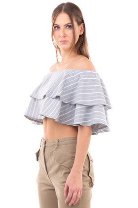 RRP €105 WEILI ZHENG Cropped Top Size S Tiered Two Tone Striped Off The Shoulder gallery photo number 3