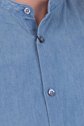 SELECTED HOMME Light Denim Shirt Size M Garment Dye Button Front Grandad Collar gallery photo number 5