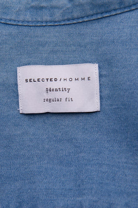 SELECTED HOMME Light Denim Shirt Size M Garment Dye Button Front Grandad Collar gallery photo number 6