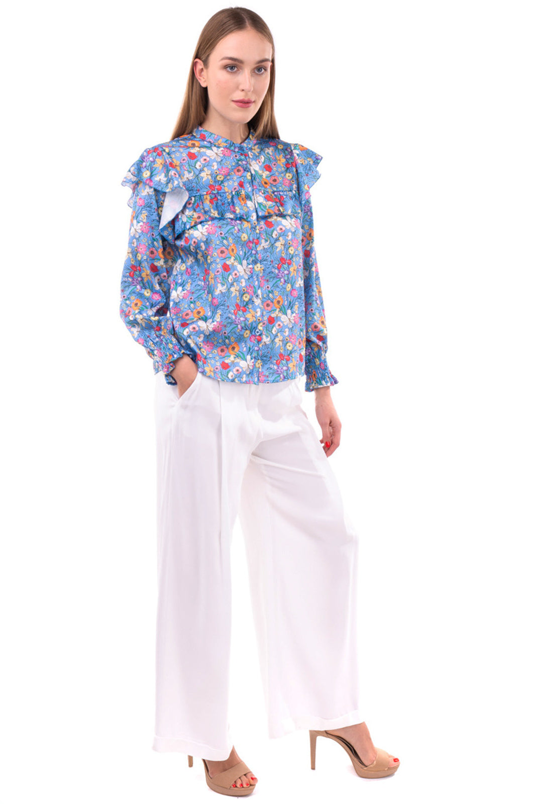 Shirt Blouse Size S Floral Ruffle Elasticated - Cuff Button Front Grandad Collar gallery main photo