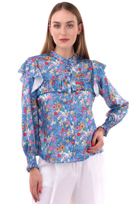 Shirt Blouse Size S Floral Ruffle Elasticated - Cuff Button Front Grandad Collar gallery photo number 2