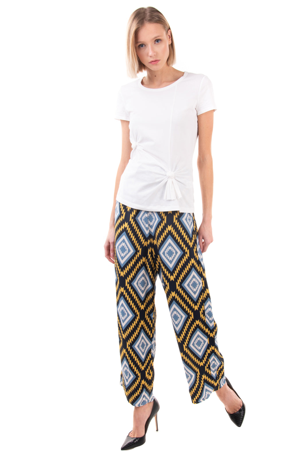 RRP €125 WHITE SAND 88 Trousers Size IT 42 S Patterned Drop Crotch Made in Italy gallery main photo