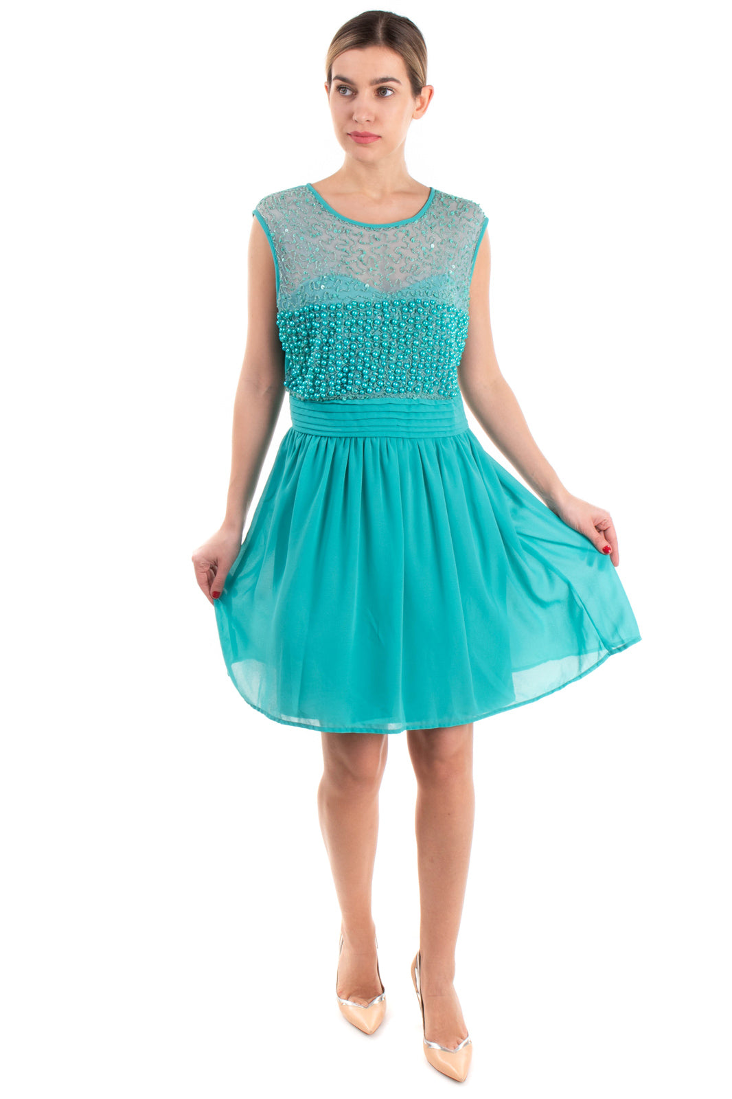 LA KORE Skater Dress Size 3 / M Sequins & Beads Embellished Pleated Round Neck gallery main photo