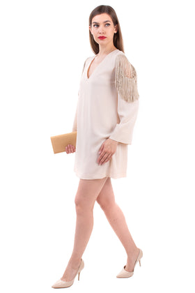 8PM Mini Shift Dress Size XS Fringe Could Shoulder Bell Sleeve Made in Italy gallery photo number 1