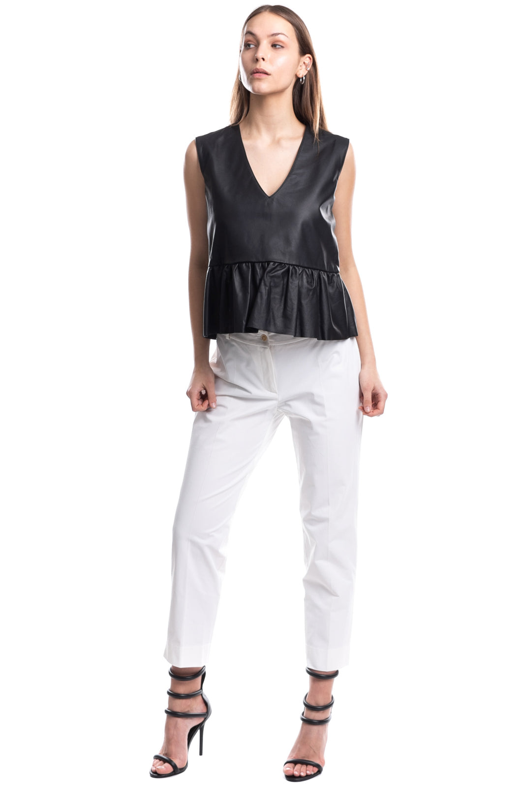 RRP €205 8 Leather Top Size XS Ruffle Hem Sleeveless V-Neck Made in Italy gallery main photo