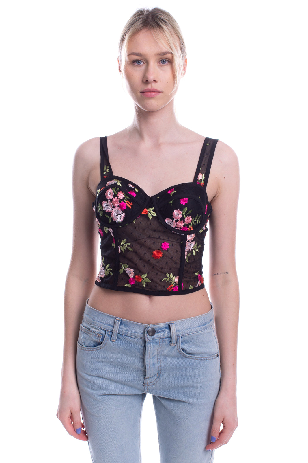 LOST INK Cropped Top Size UK 12 Embroidered Flowers Tulle Sleeveless gallery main photo