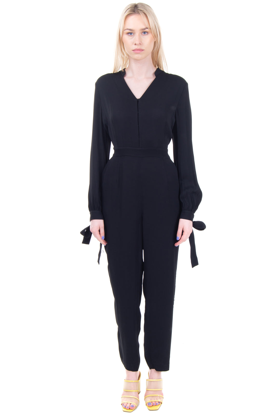 8 Jumpsuit Size 44 Black Tie Bows Long Sleeve V-Neck gallery main photo