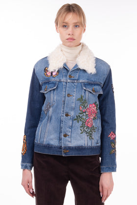 RRP €2295 AS65 Denim Jacket Size XXS Shearling Lined Embroidered Beaded Patched gallery photo number 5