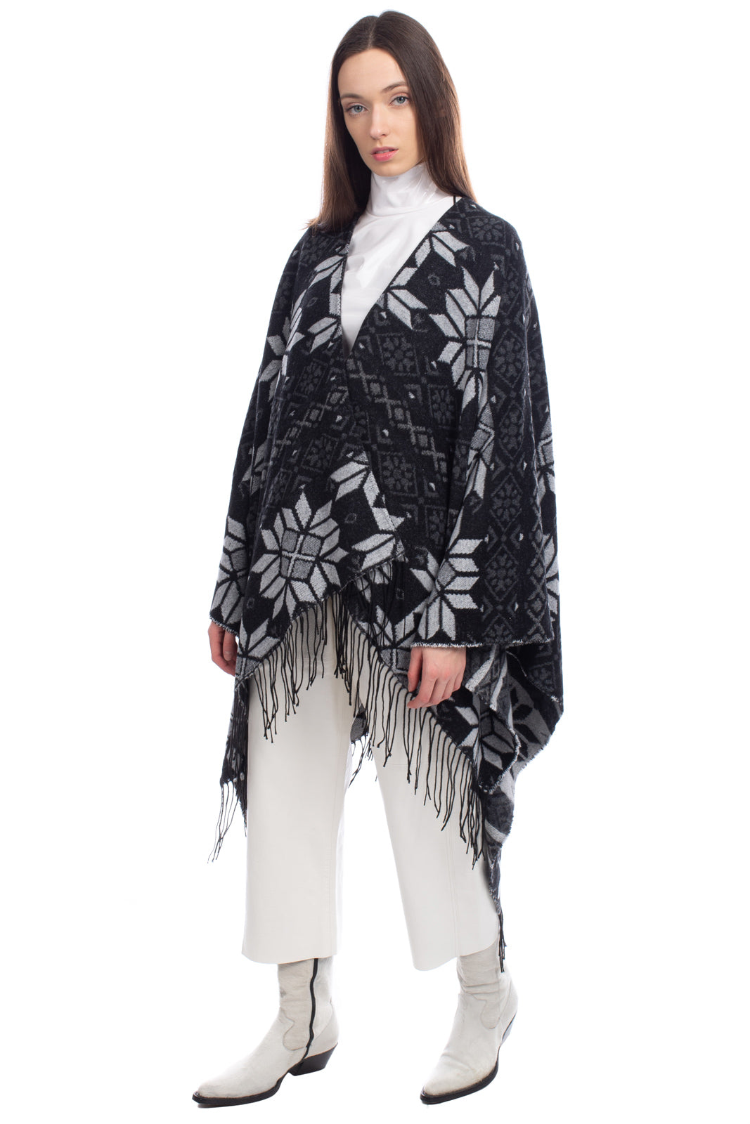 GEORGE J. LOVE Poncho Scarf One Size Wool Blend Ethnic Fringe Made in Italy gallery main photo