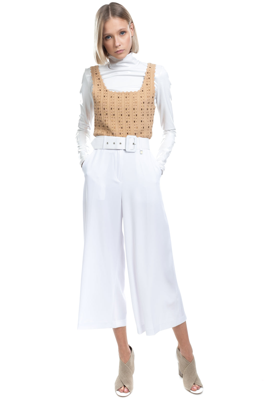 FLY GIRL Cropped Trousers Size IT 42 S White Wide Leg Belted Made in Italy gallery main photo
