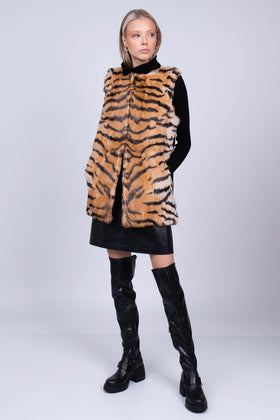 RRP€220 TWINSET Gilet Size S Tiger Stripes Contrast Knitted Back Rabbit Fur Trim gallery photo number 1