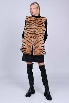RRP€220 TWINSET Gilet Size S Tiger Stripes Contrast Knitted Back Rabbit Fur Trim gallery photo number 2