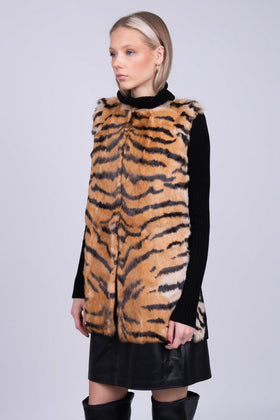 RRP€220 TWINSET Gilet Size S Tiger Stripes Contrast Knitted Back Rabbit Fur Trim gallery photo number 4