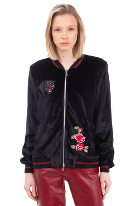 GEORGE J. LOVE Chenille Bomber Jacket Size M Lame Panther & Flowers Patches gallery photo number 3