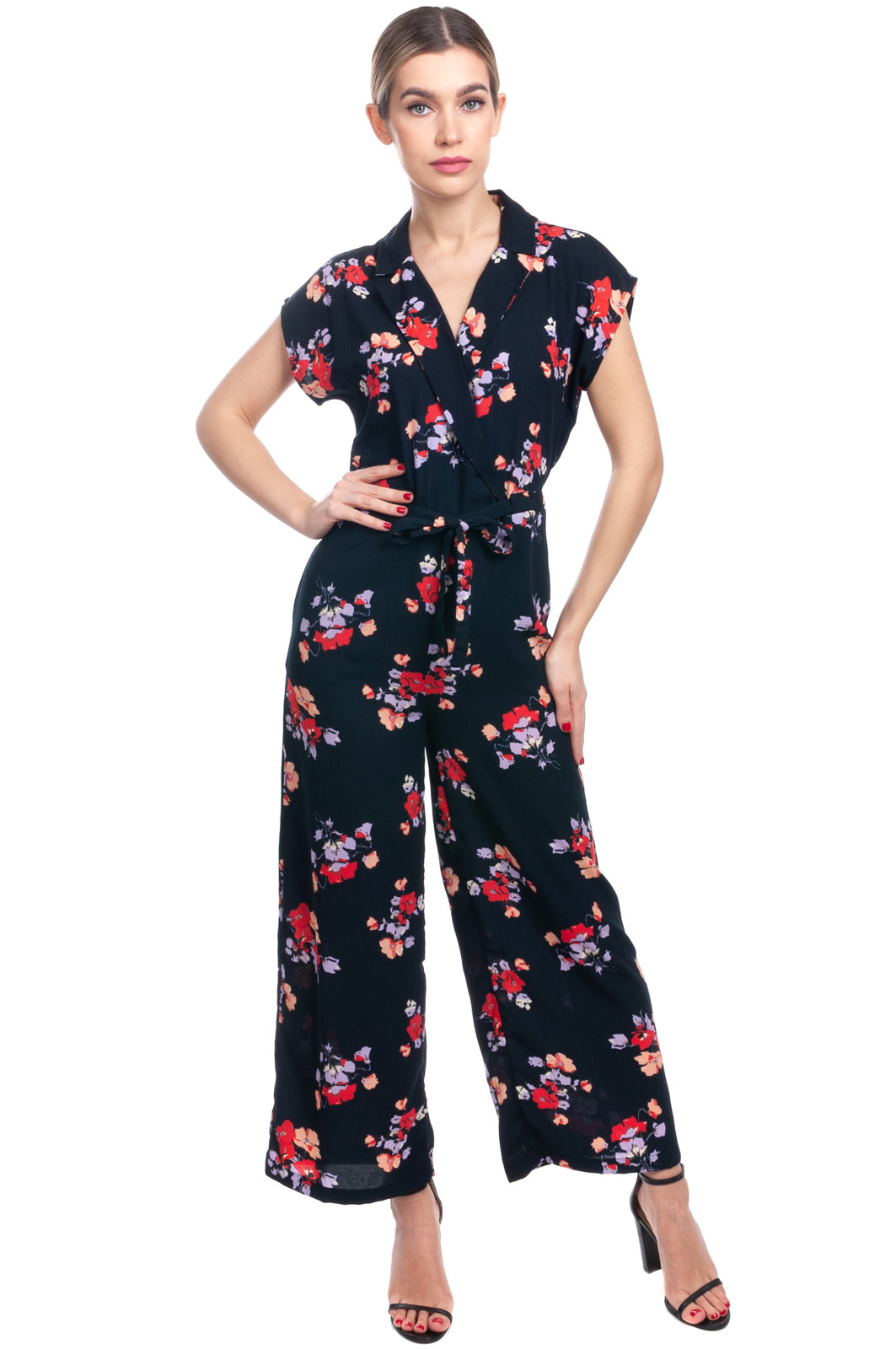 VERO MODA Crepe Jumpsuit Size XS Floral Pattern Drawstring Waist Cropped gallery main photo