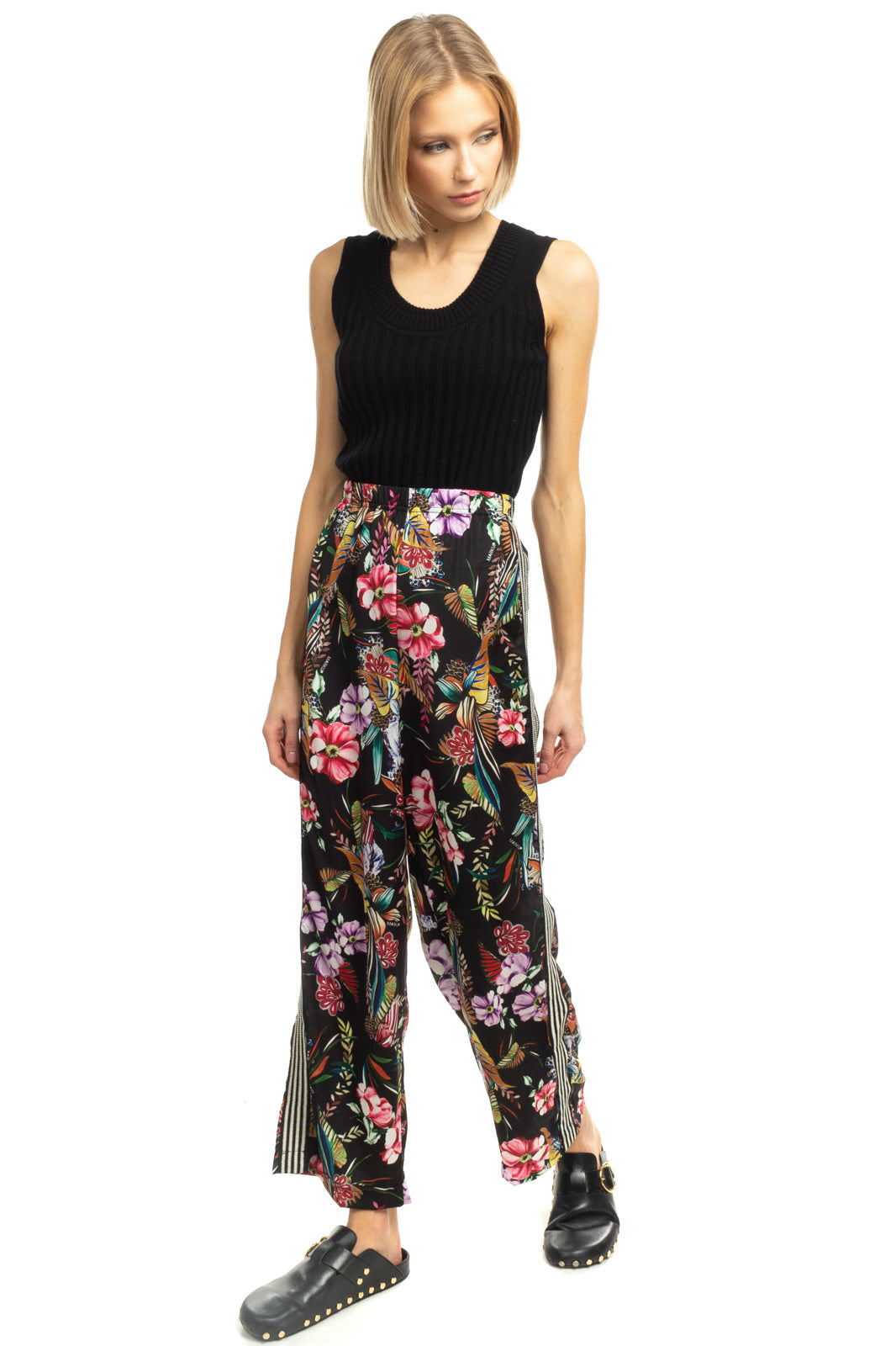 MARKUP Satin Trousers Size S Floral Side Stripes Elasticated Waist Made in Italy gallery main photo