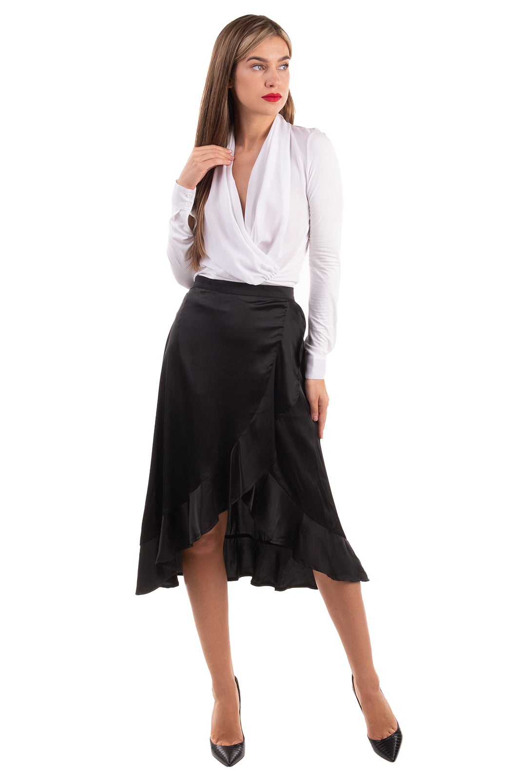 RRP €130 LOUCHE Satin Asymmetric Hem Skirt Size 10 S Ruffle Wrap Front gallery main photo