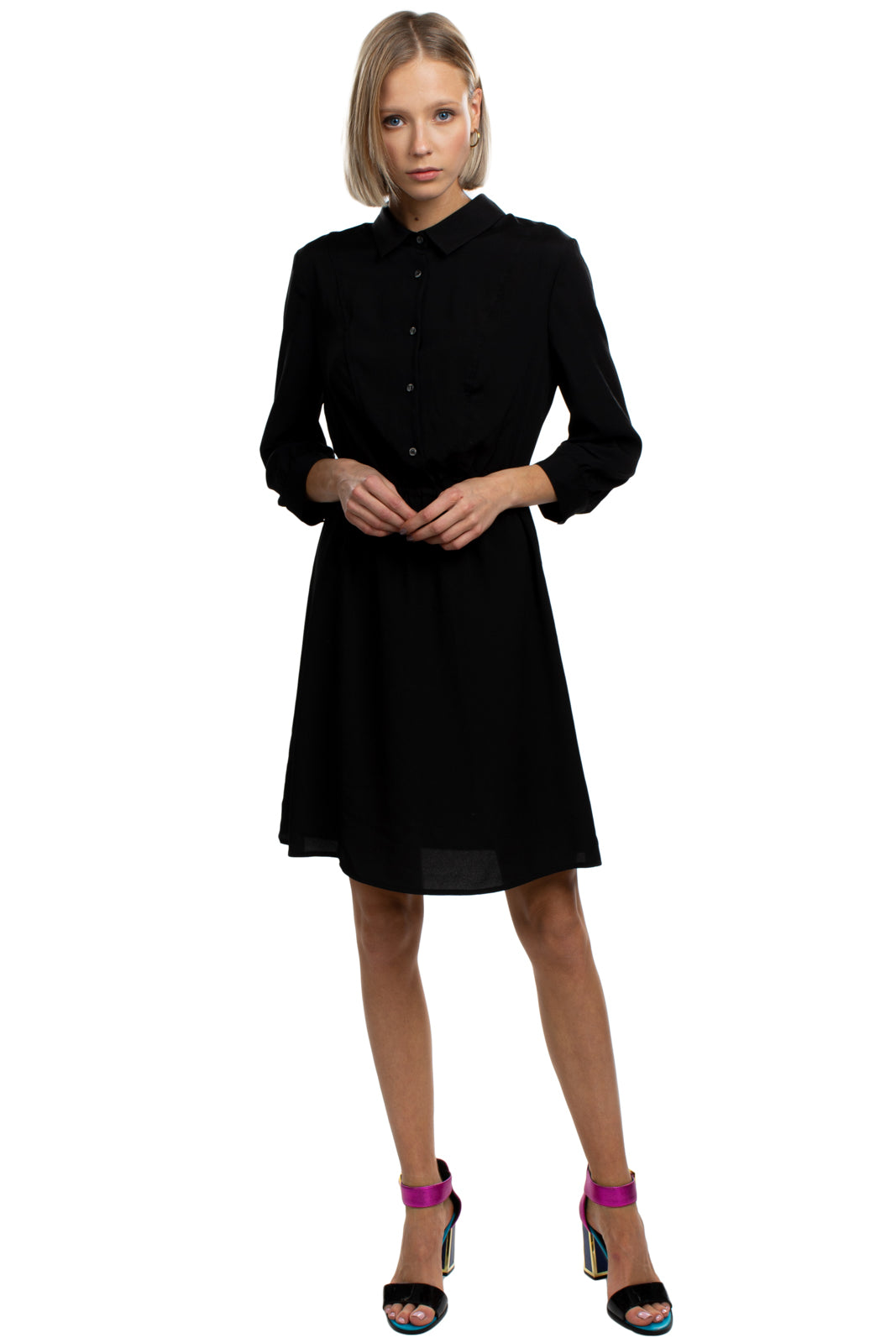8 Crepe Shirt Dress Size 42 / M Black Elasticated Waist 3/4 Sleeve Made in Italy gallery main photo