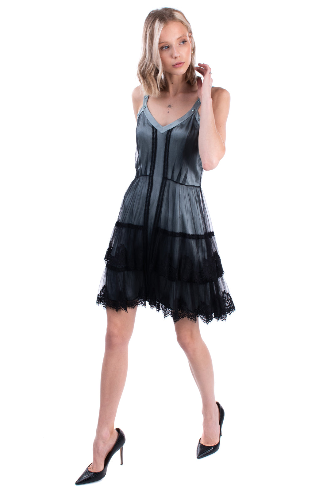 RRP €1080 ALBERTA FERRETTI Silk A-Line Dress Size IT 40 / S Tulle Overlay Tiered gallery main photo