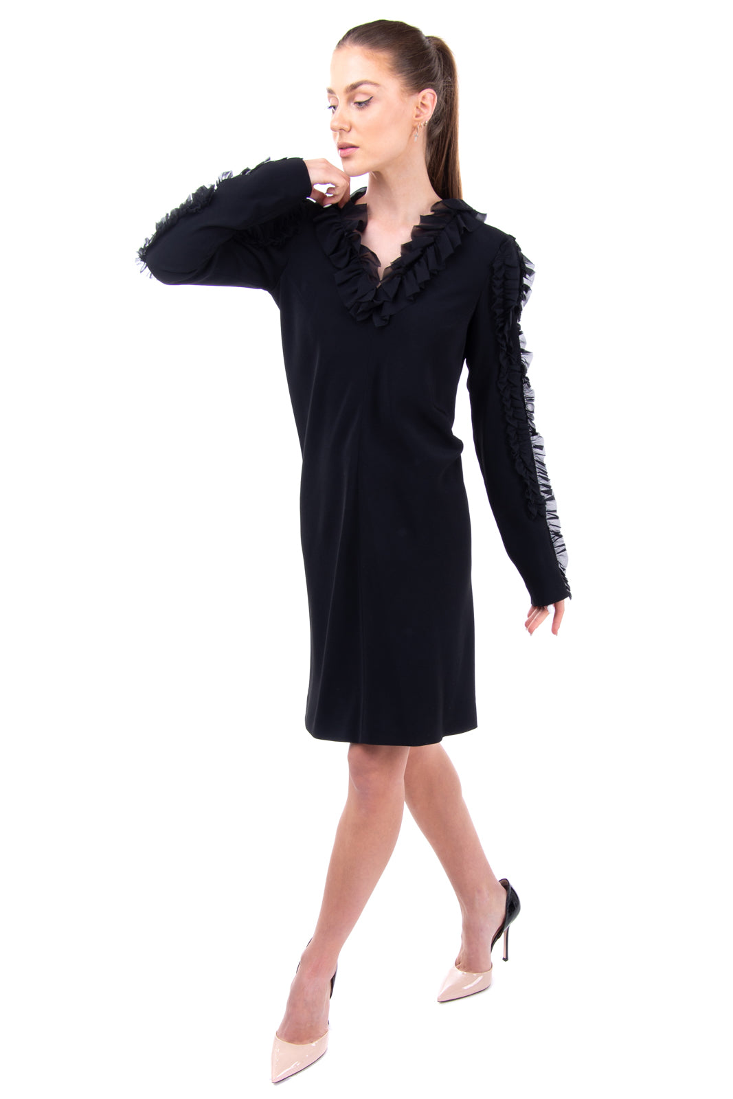 RRP €1200 GENNY Sheath Dress Size IT 44 / M Black Ruffle V-Neck Made in Italy gallery main photo