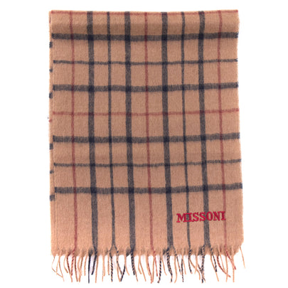 RRP€360 MISSONI Camel Hair Stole Scarf Plaid Fringe Trim Made in Italy