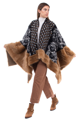 Wrap Poncho One Size Wool Blend Patterned Faux Fur Hem gallery photo number 2