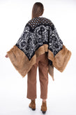 Wrap Poncho One Size Wool Blend Patterned Faux Fur Hem gallery photo number 3