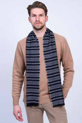 RRP €320 MALO Wool Long Rectangle Scarf Striped Pattern Frayed Made in Italy gallery photo number 1