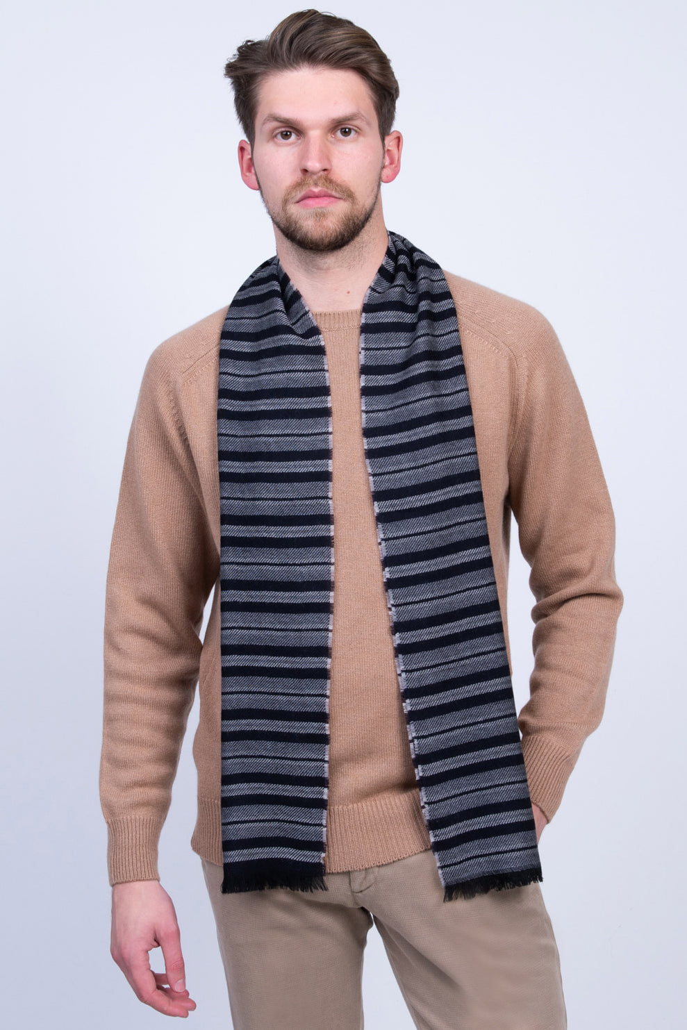 RRP €320 MALO Wool Long Rectangle Scarf Striped Pattern Frayed Made in Italy gallery main photo