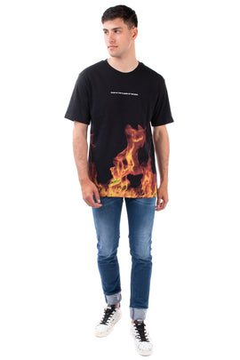 IHS T-Shirt Top Size S Coated Flames Printed Inscription Short Sleeve
