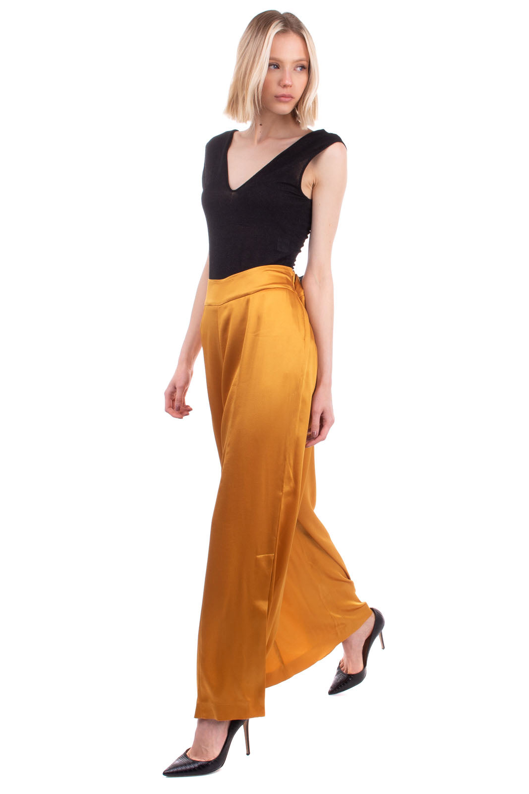 RRP €405 ARJE Satin Trousers Size S Stretch High Waist Wide Leg Made in Italy gallery main photo