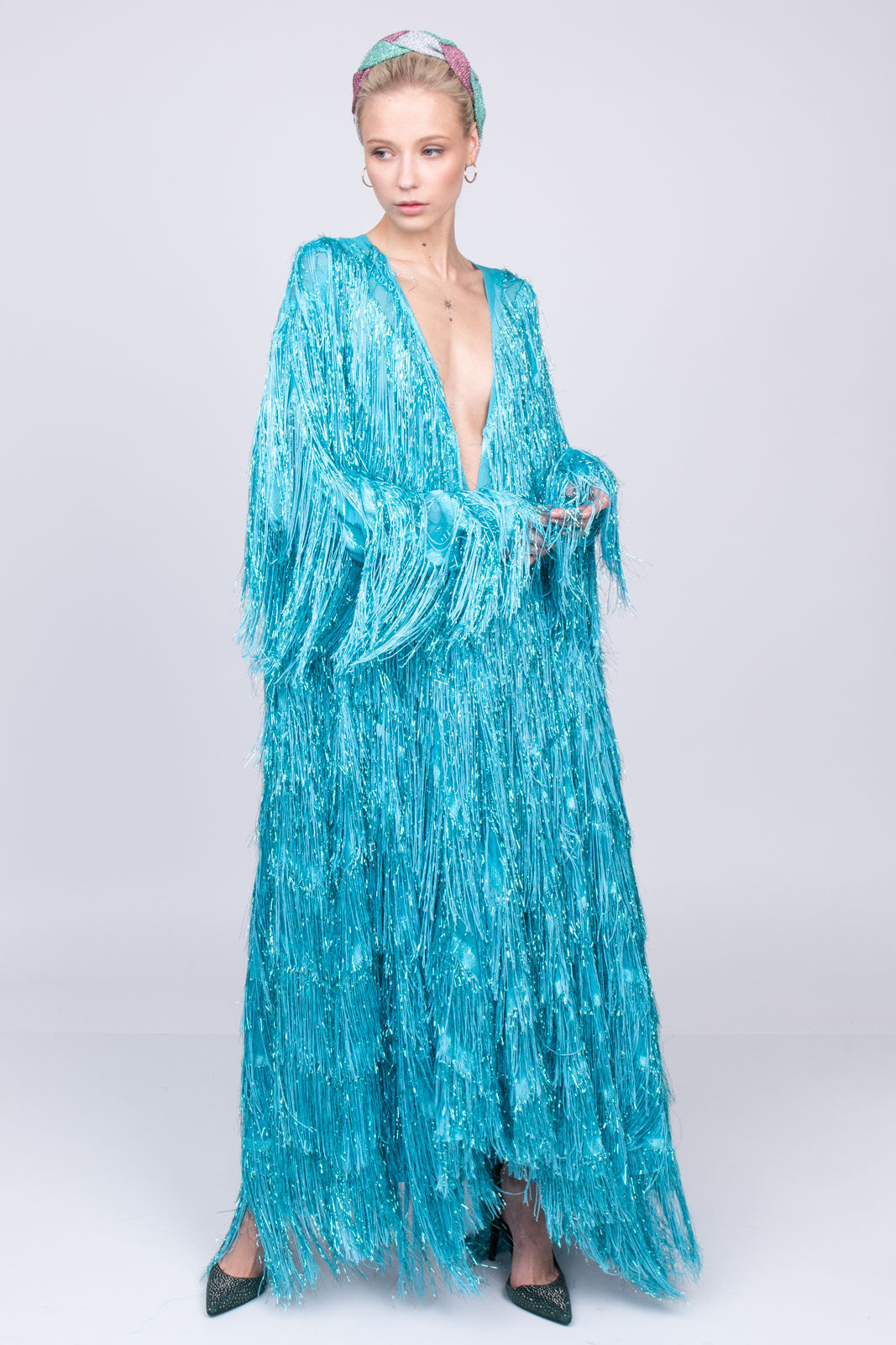 GUCCI Kaftan Style Dress Size IT 44 / L Silk Blend Fringe Plunge 