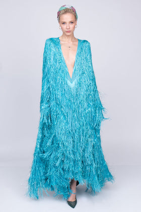 GUCCI Kaftan Style Dress Size IT 44 / L Silk Blend Fringe Plunge Neck RRP €9790 gallery photo number 4