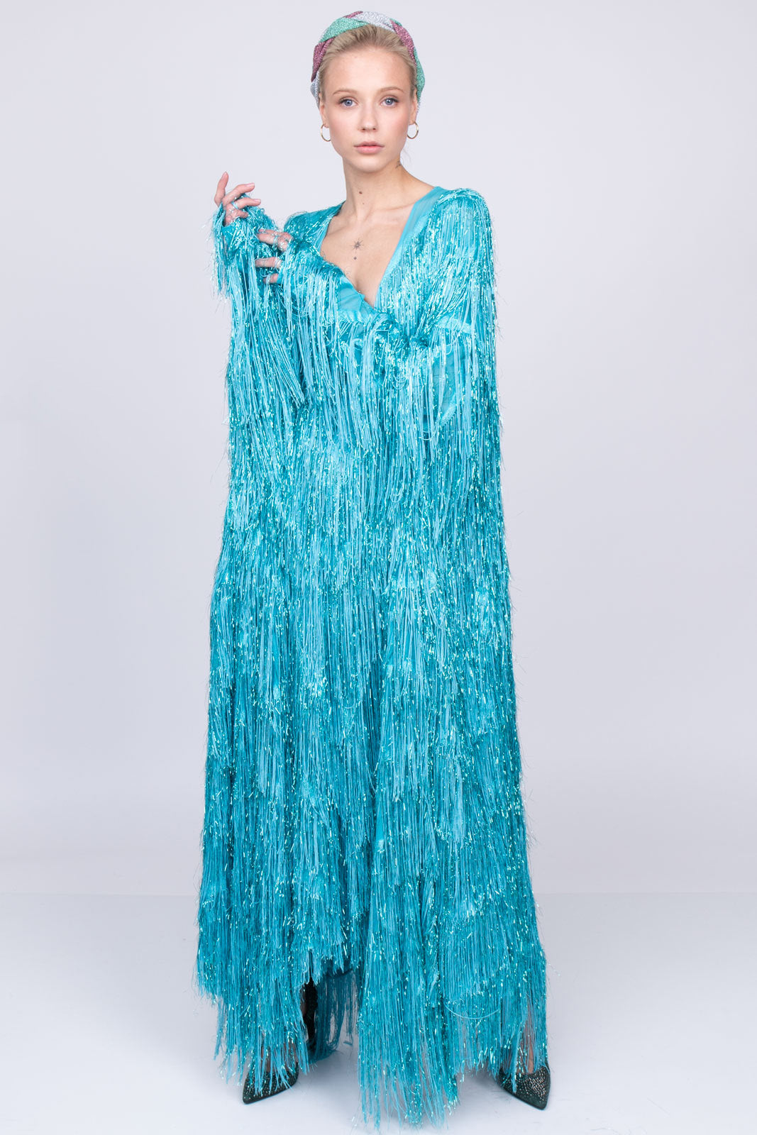 GUCCI Kaftan Style Dress Size IT 44 / L Silk Blend Fringe Plunge Neck RRP €9790 gallery main photo