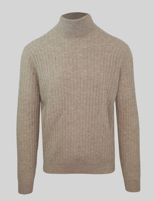 RRP€415 MALO Cashmere & Wool Jumper Size L Beige Melange Ribbed Knit Turtleneck