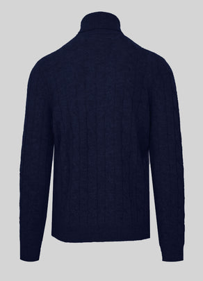RRP €530 MALO Cashmere & Wool Jumper Size L Navy Blue Polo Neck Cable Knit