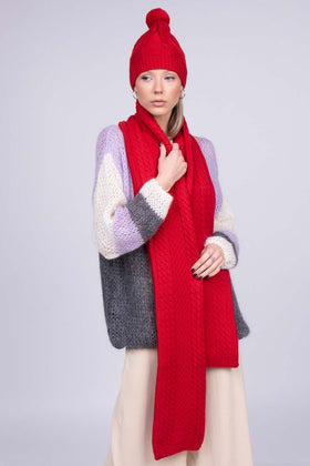 RRP €340 CHINTI & PARKER Merino Wool Scarf & Beanie Cap One Size Red Cable Knit gallery photo number 1