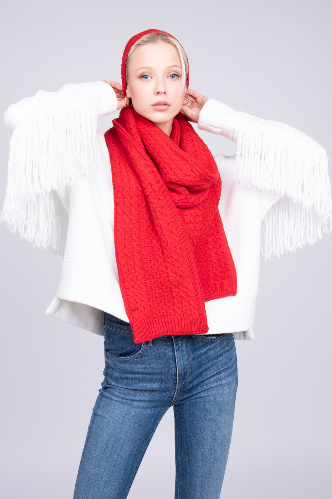 RRP €340 CHINTI & PARKER Merino Wool Scarf & Beanie Cap One Size Red Cable Knit gallery main photo