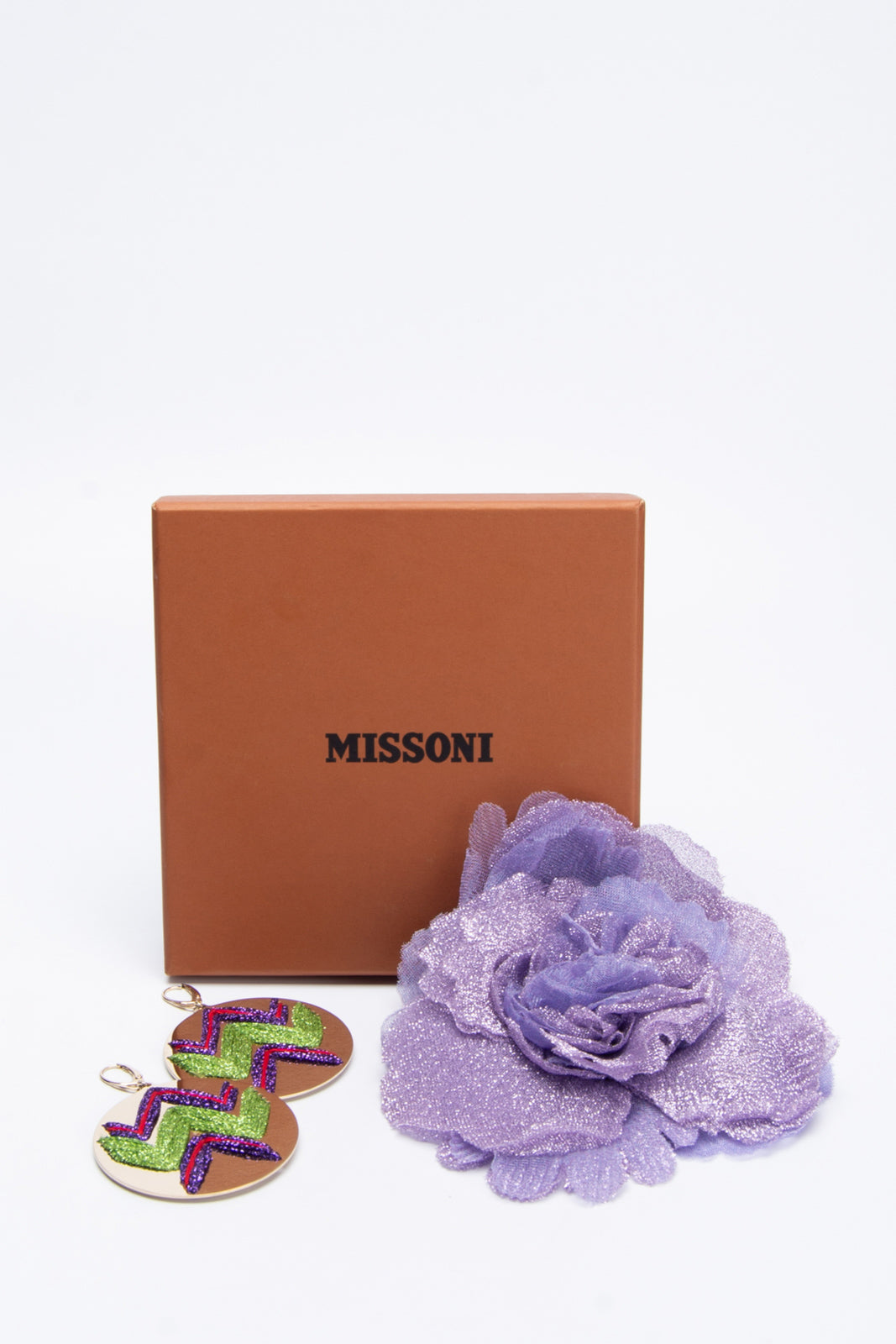 RRP€640 MISSONI Gold Plated Round Disc Earrings & Flower Brooch Set Lame Zigzag gallery main photo